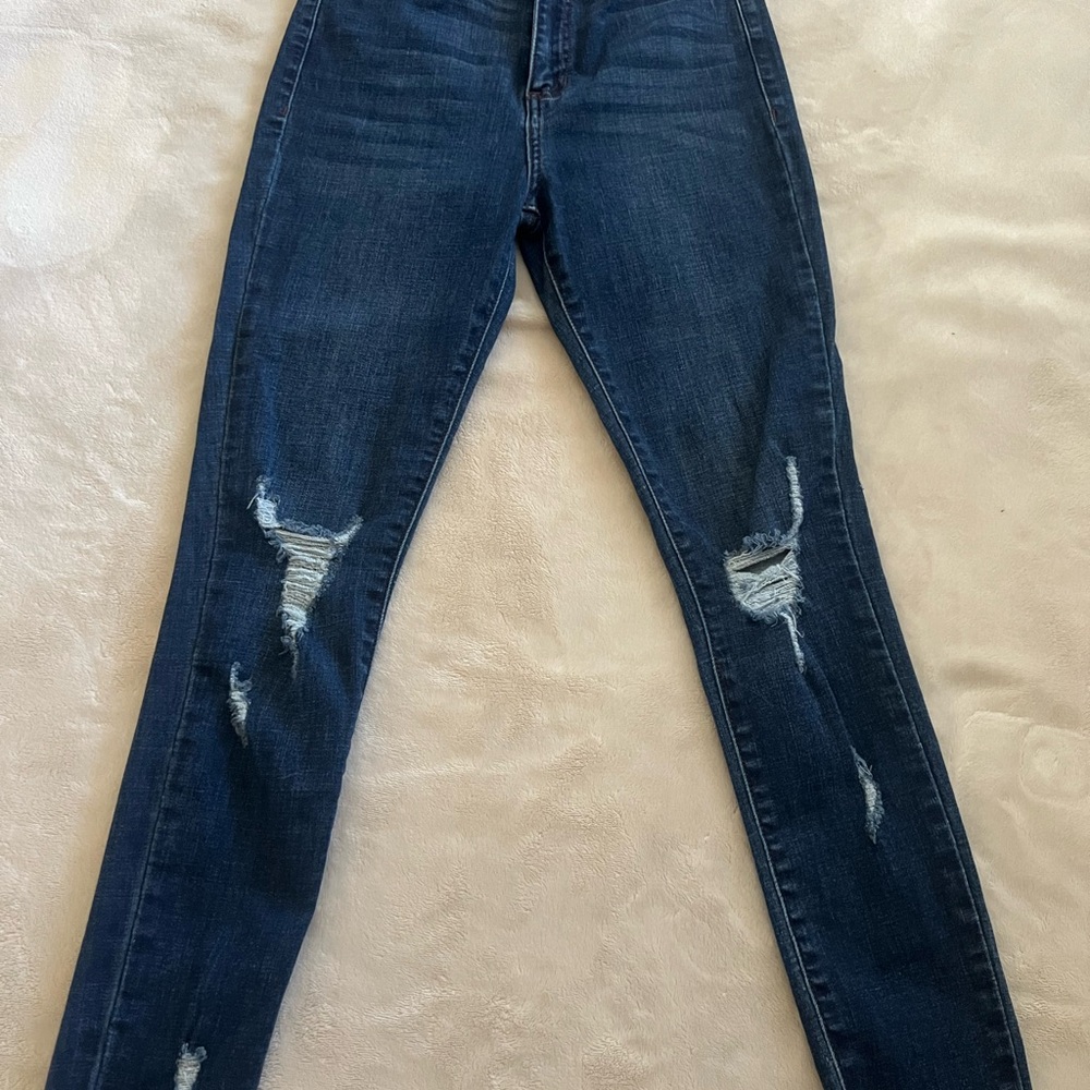 Fashion Nova Blue Skinny Jeans with Distressed Details
